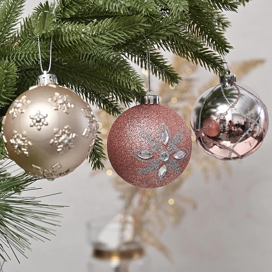 Blush, Gold, and Silver Shatterproof ornaments